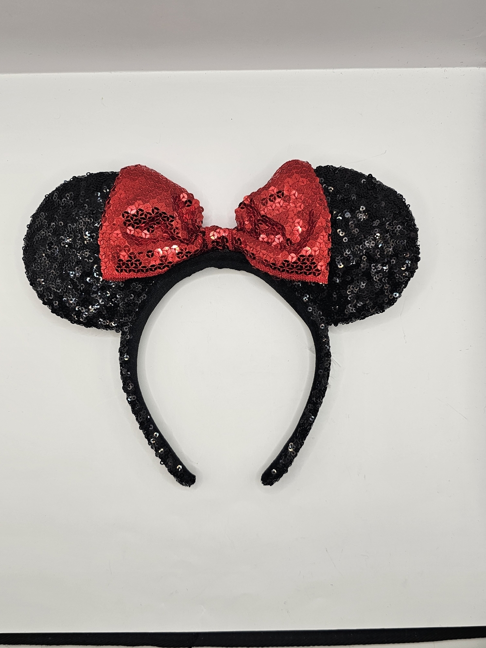 Disney Parks Minnie Mouse Black Sequin Ears Red Bow Headband